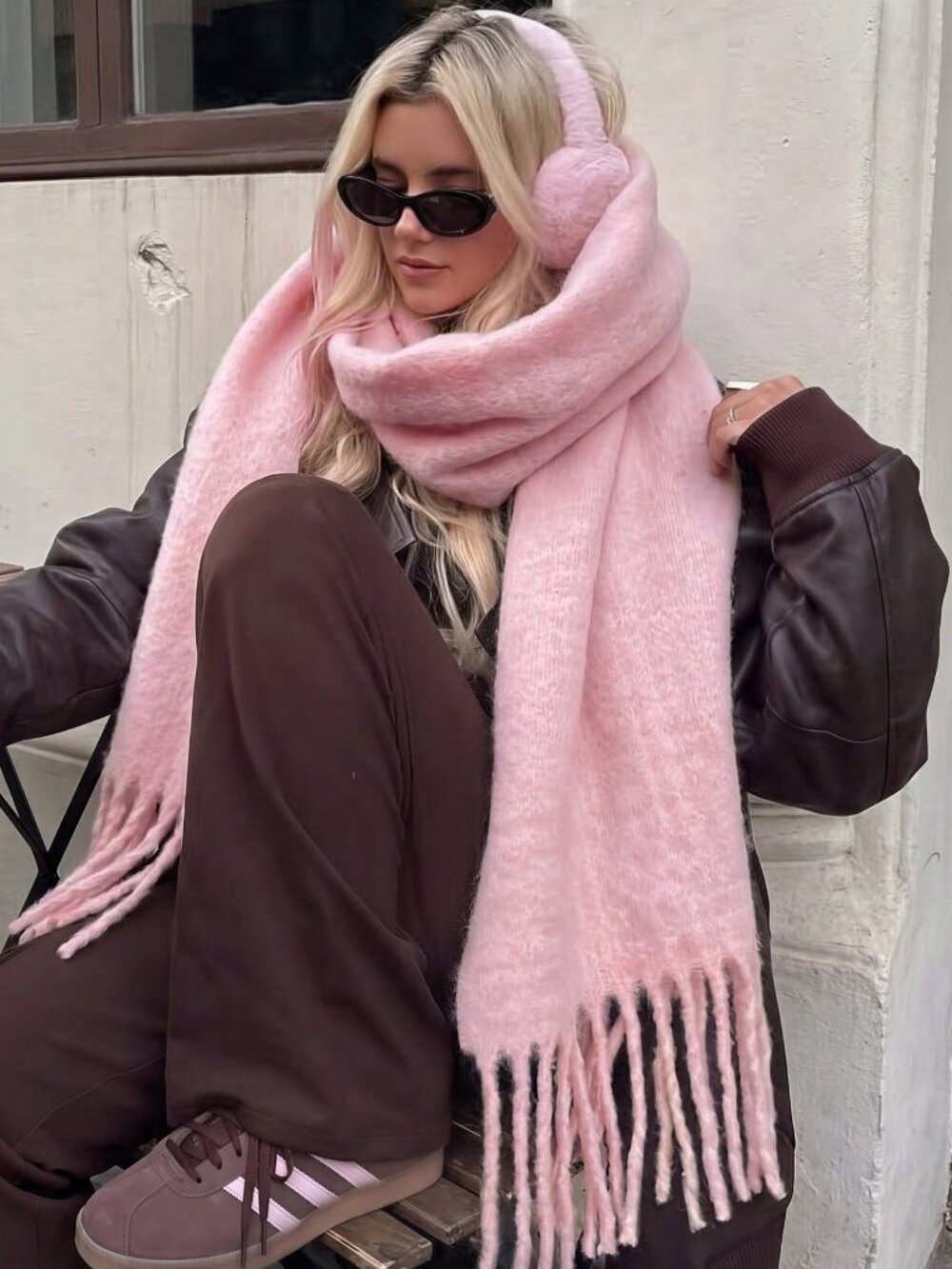 Light Pink Women's Casual Cozy & warm Fluffy Tassel Scarf